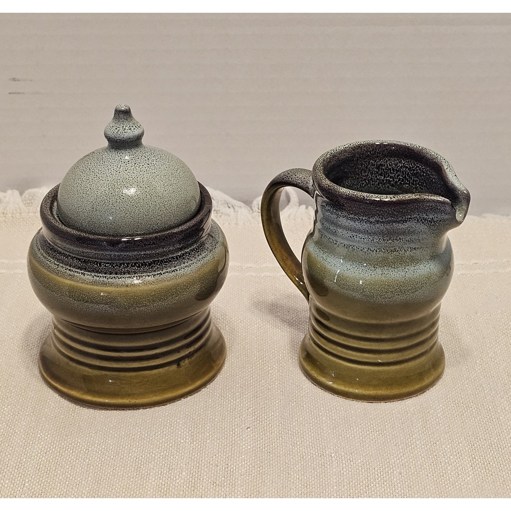 Vintage Norleans Art Pottery Sugar And Creamer Green Glazed Set